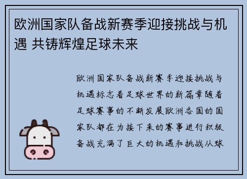 欧洲国家队备战新赛季迎接挑战与机遇 共铸辉煌足球未来