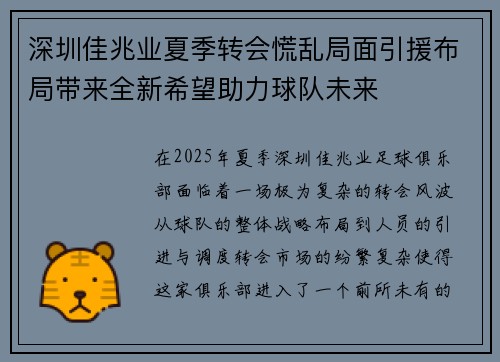 深圳佳兆业夏季转会慌乱局面引援布局带来全新希望助力球队未来