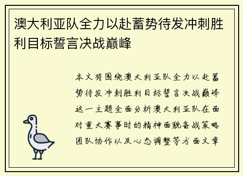 澳大利亚队全力以赴蓄势待发冲刺胜利目标誓言决战巅峰