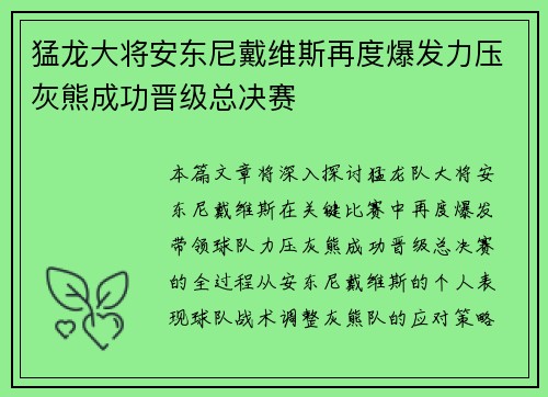 猛龙大将安东尼戴维斯再度爆发力压灰熊成功晋级总决赛