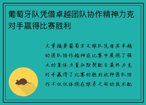 葡萄牙队凭借卓越团队协作精神力克对手赢得比赛胜利